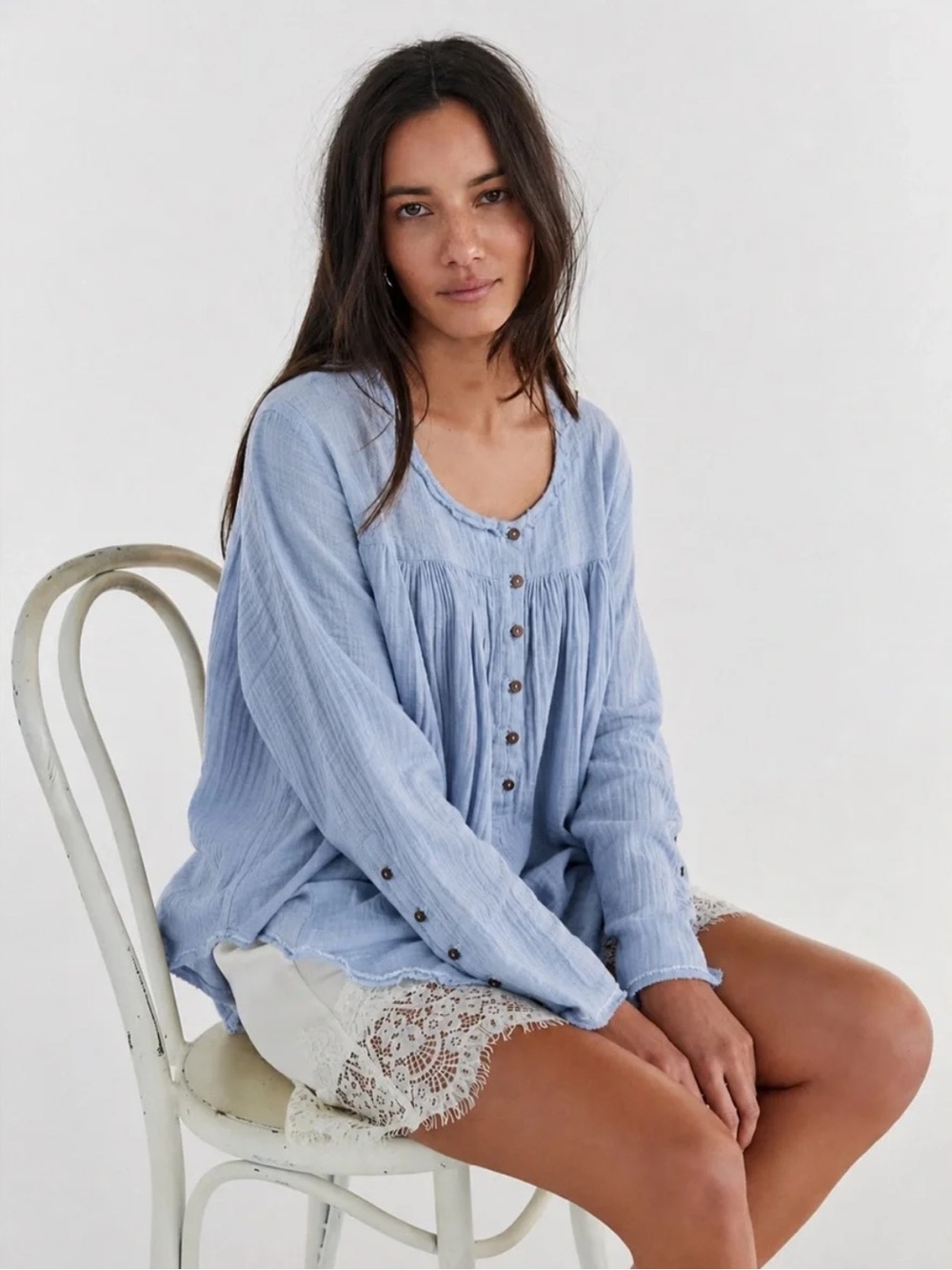 Free People We The Free Light Blue Jacquelyn Tunic Top S Boho Gauze Cottagecore